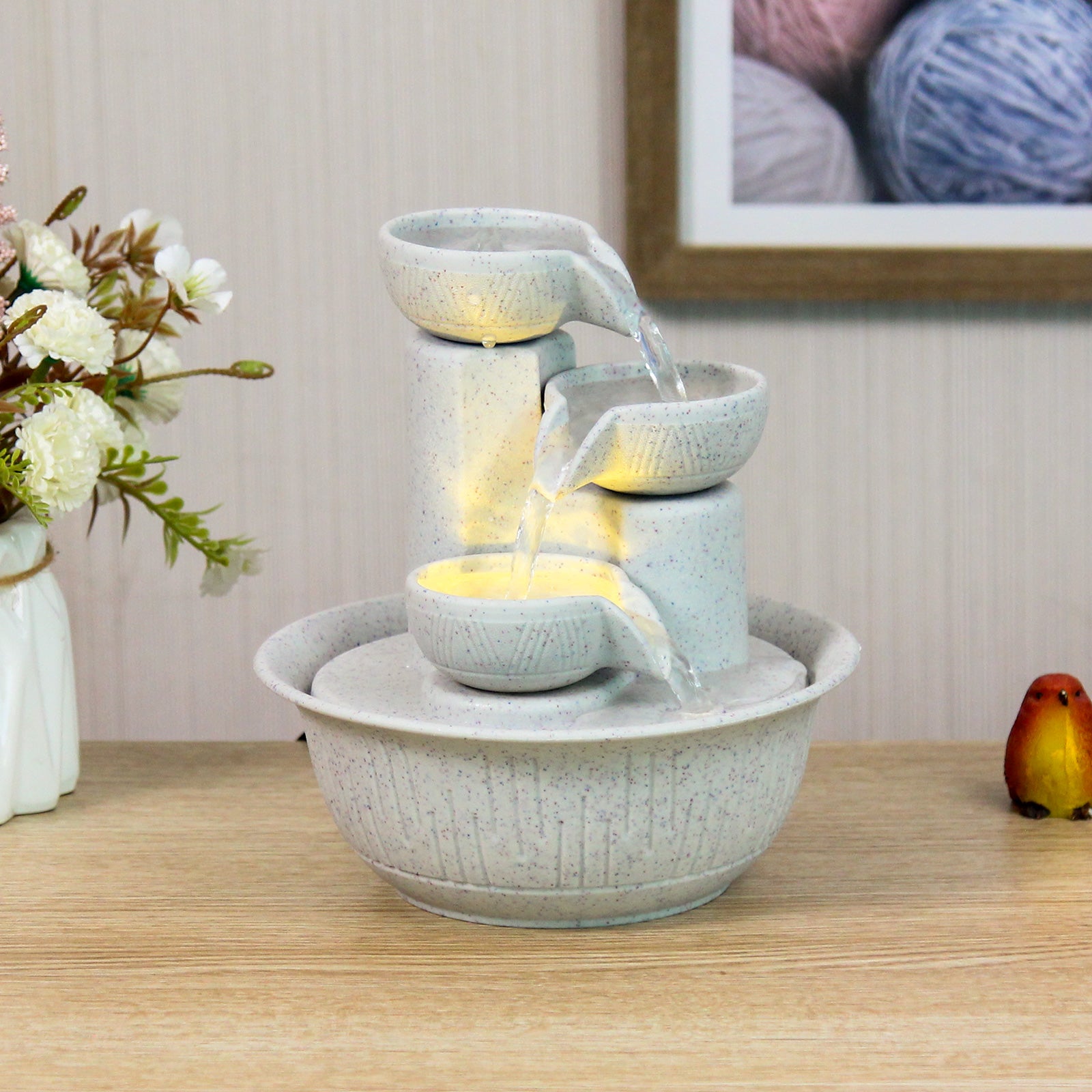 White Cascading Tabletop Fountain – Tiered Indoor Water Feature-SL007