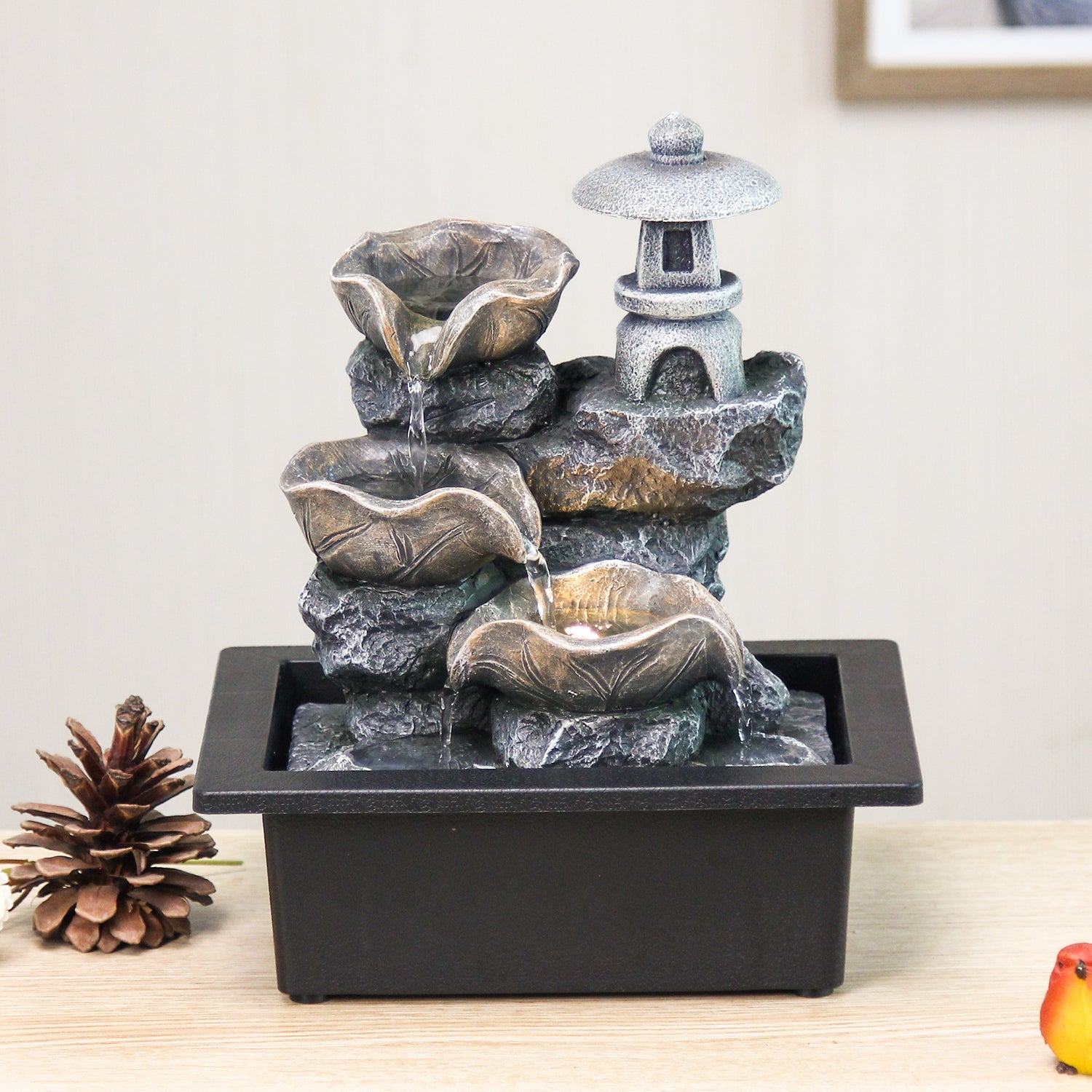 Zen Rock Tabletop Fountain – Pagoda Cascading Water Feature-JZ041