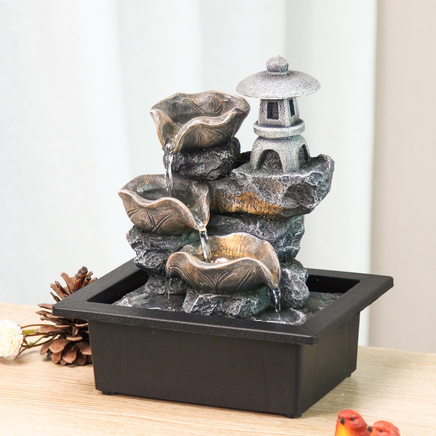Zen Rock Tabletop Fountain – Pagoda Cascading Water Feature-JZ041