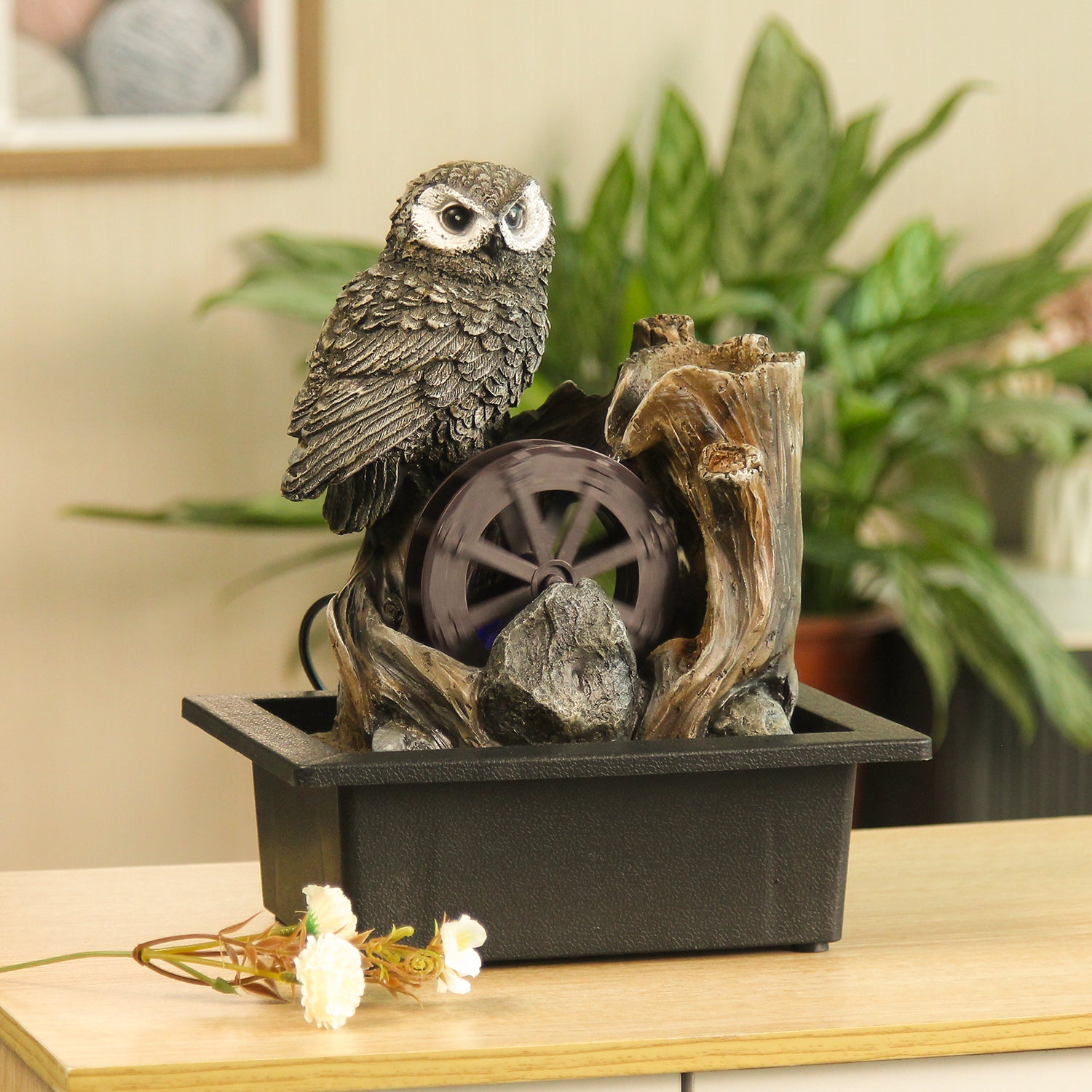 Owl Water Wheel Tabletop Fountain – Rustic Indoor Water Feature-JZ034