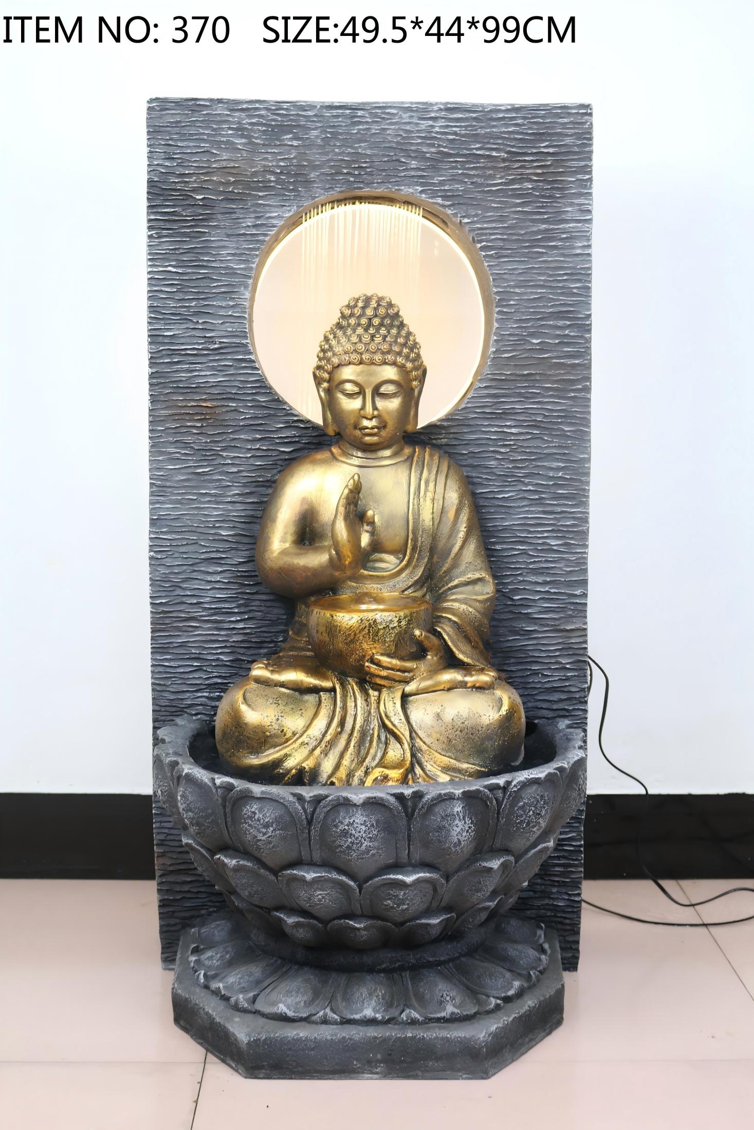 370 Indoor/outdoor Golden Buddha Statue Fountain with Halo and Lotus Base(LED), 56.5x51x106.5 cm
