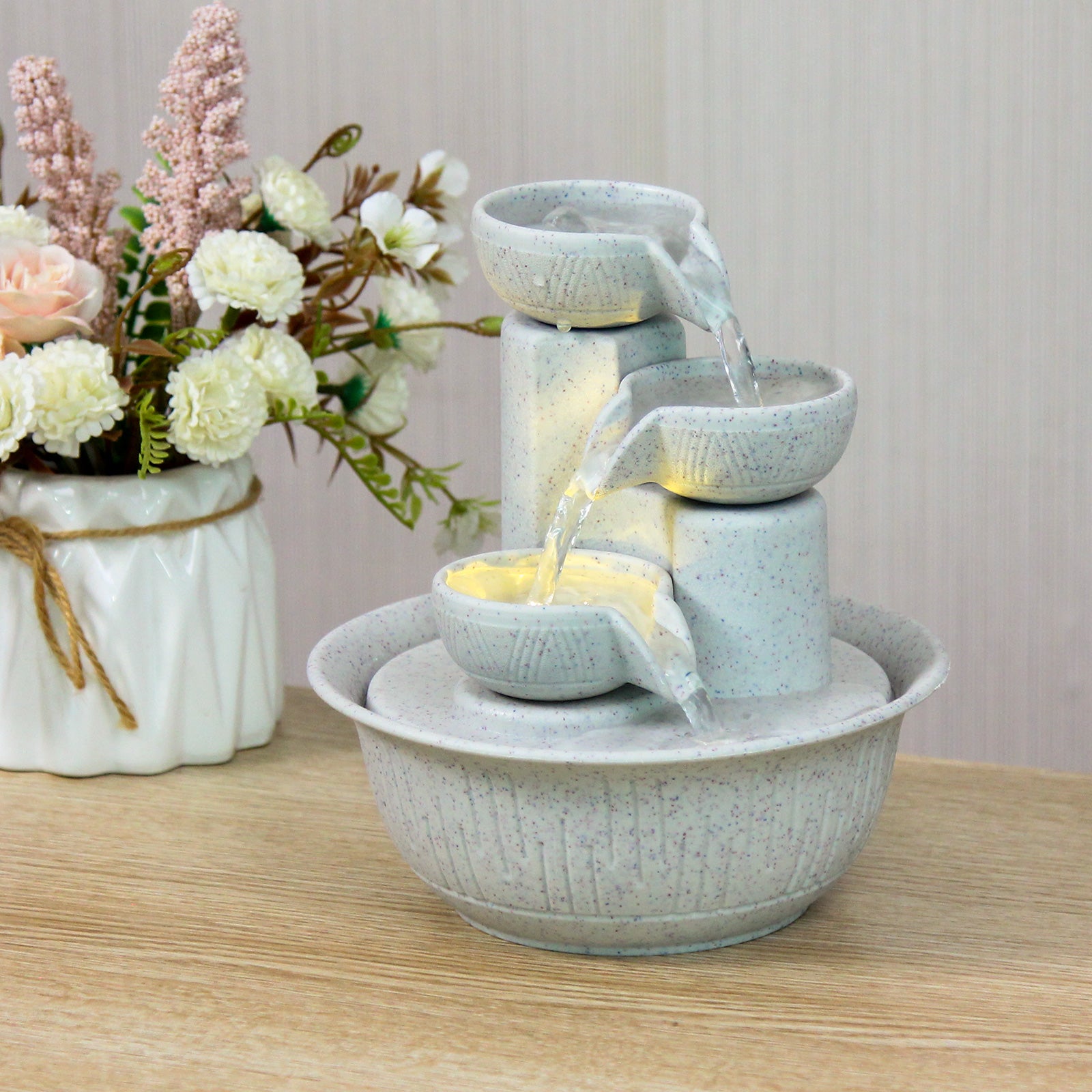 White Cascading Tabletop Fountain – Tiered Indoor Water Feature-SL007