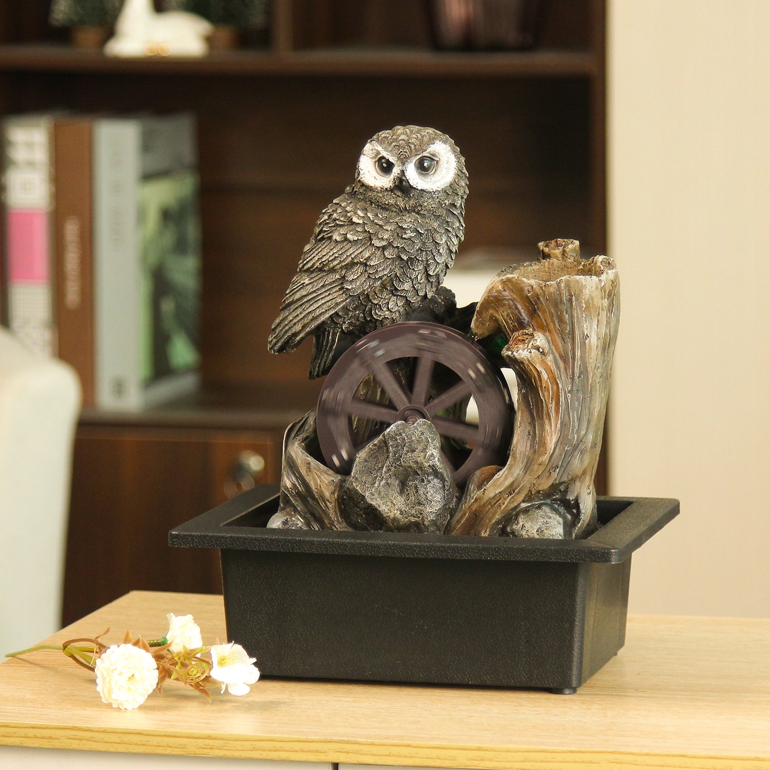 Owl Water Wheel Tabletop Fountain – Rustic Indoor Water Feature-JZ034