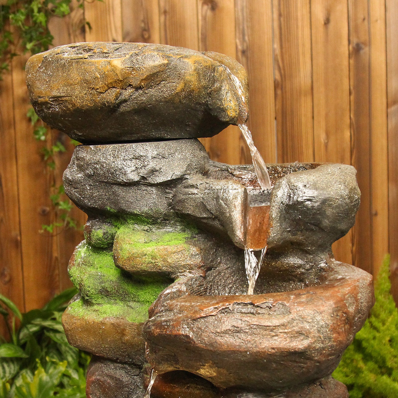 6-Tiered Natural Stone Look Water Garden Fountain 37.4’’H with LED Light - LS4172