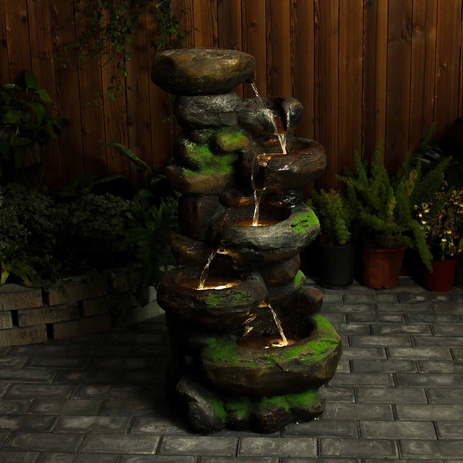 6-Tiered Natural Stone Look Water Garden Fountain 37.4’’H with LED Light - LS4172