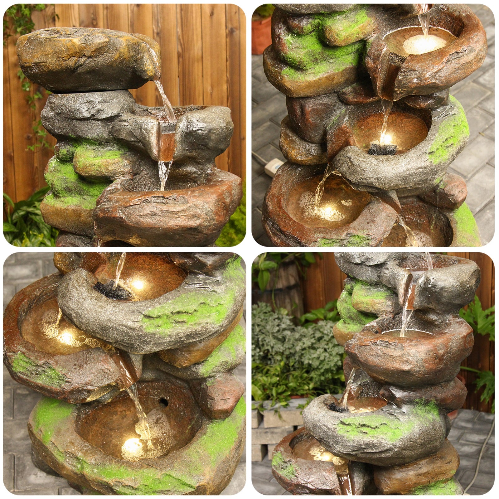 6-Tiered Natural Stone Look Water Garden Fountain 37.4’’H with LED Light - LS4172