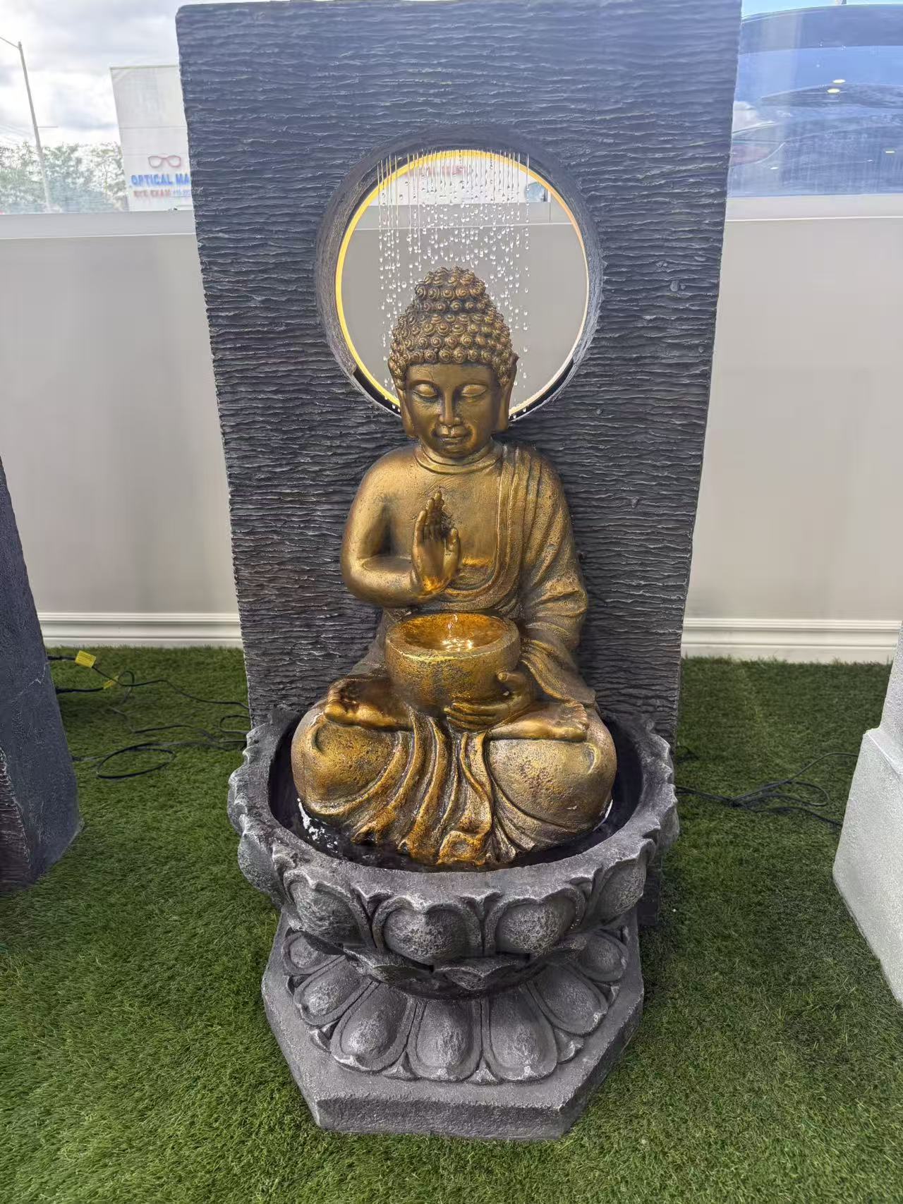 370 Indoor/outdoor Golden Buddha Statue Fountain with Halo and Lotus Base(LED), 56.5x51x106.5 cm