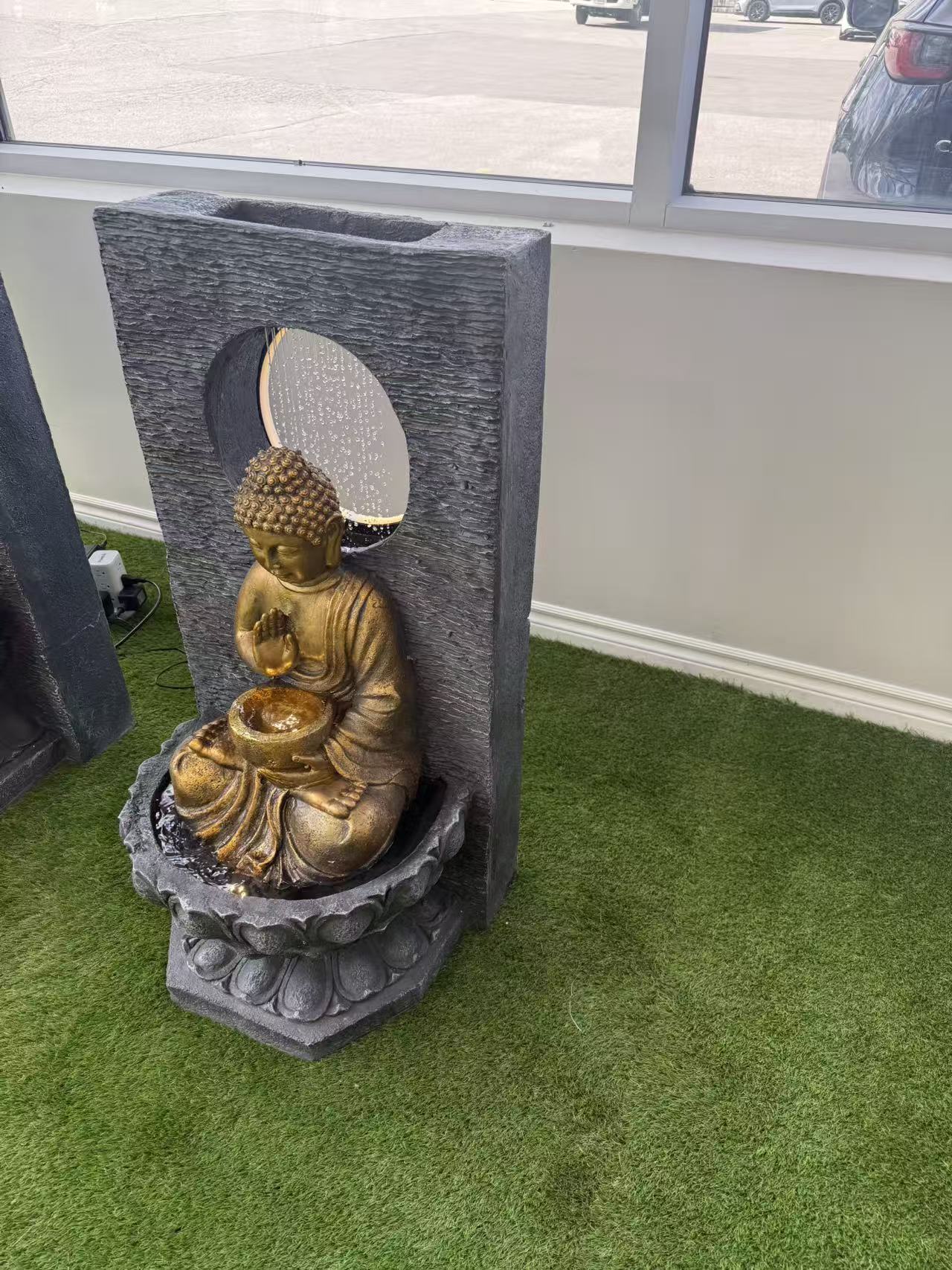 370 Indoor/outdoor Golden Buddha Statue Fountain with Halo and Lotus Base(LED), 56.5x51x106.5 cm