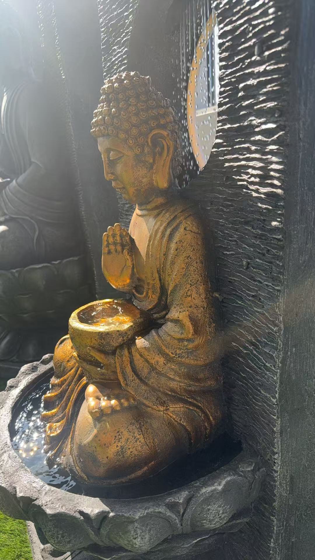 370 Indoor/outdoor Golden Buddha Statue Fountain with Halo and Lotus Base(LED), 56.5x51x106.5 cm