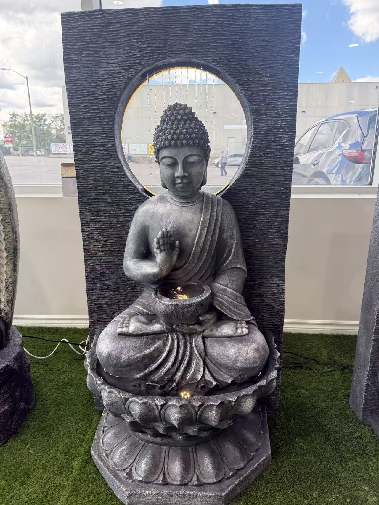 318 Indoor/outdoor Buddha Statue Wall Fountain with Halo and Lotus Base(LED), 157x67x84.5 cm