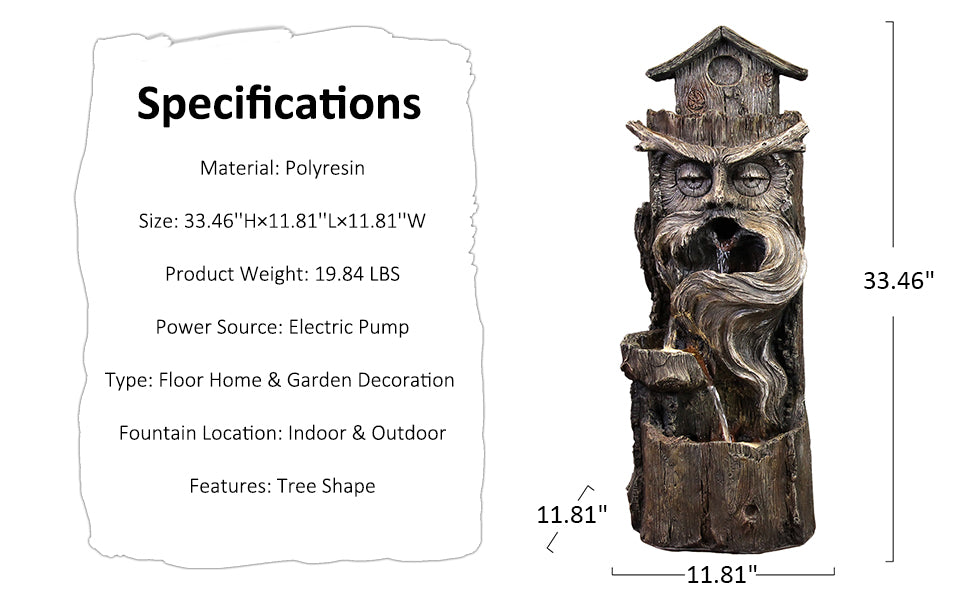 Tree Trunk Water Garden Fountain 33.46’’H with LED Light - LS4175
