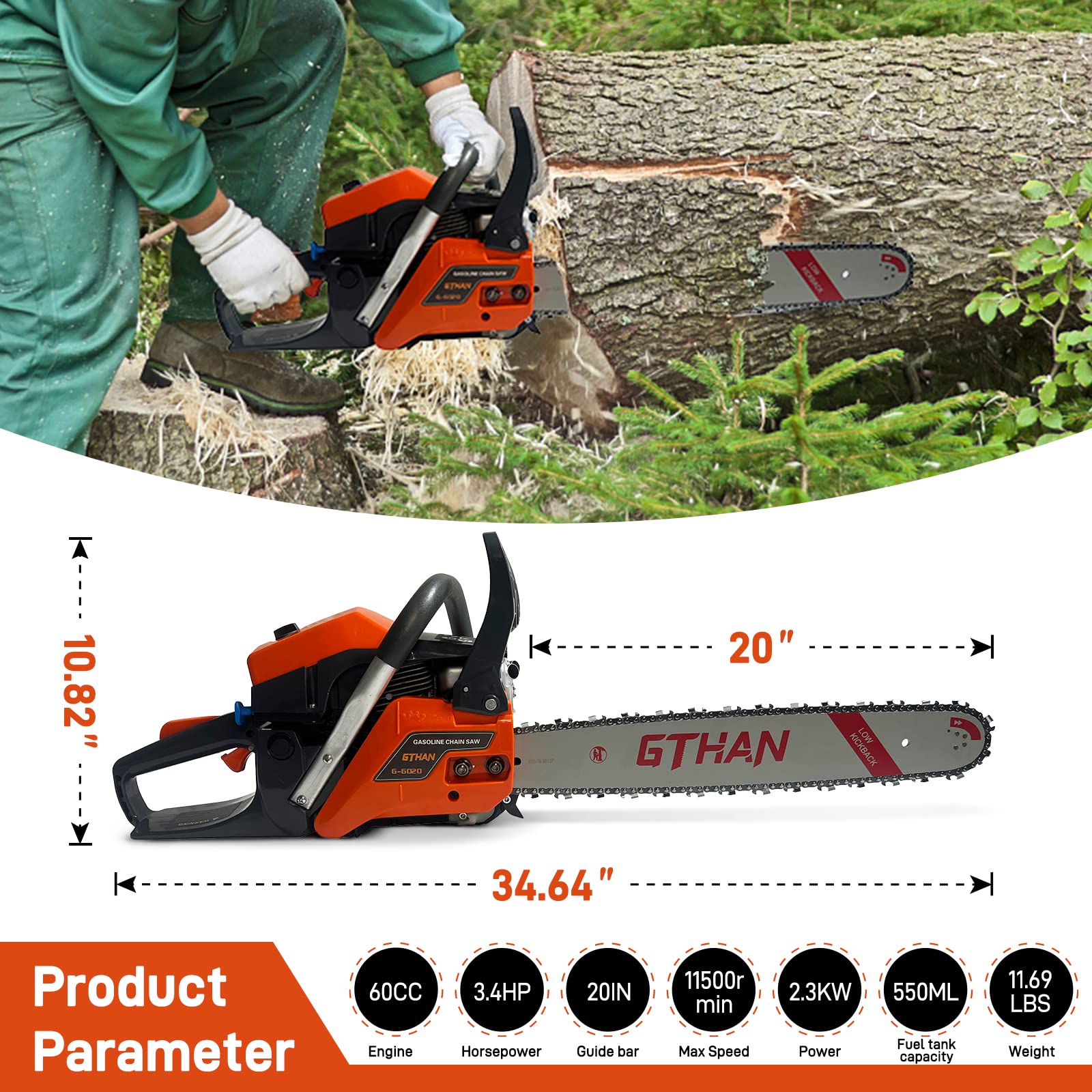 Professional Gas Chainsaw 60cc 2-Cycle 20-Inch