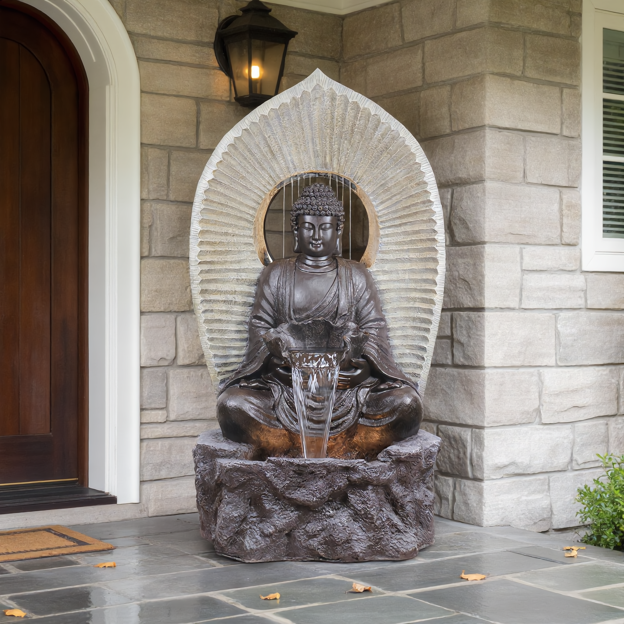 25239 Indoor/outdoor Buddha Statue Waterfall Fountain with Halo and Rock Base(LED), 157x67x90.5 cm