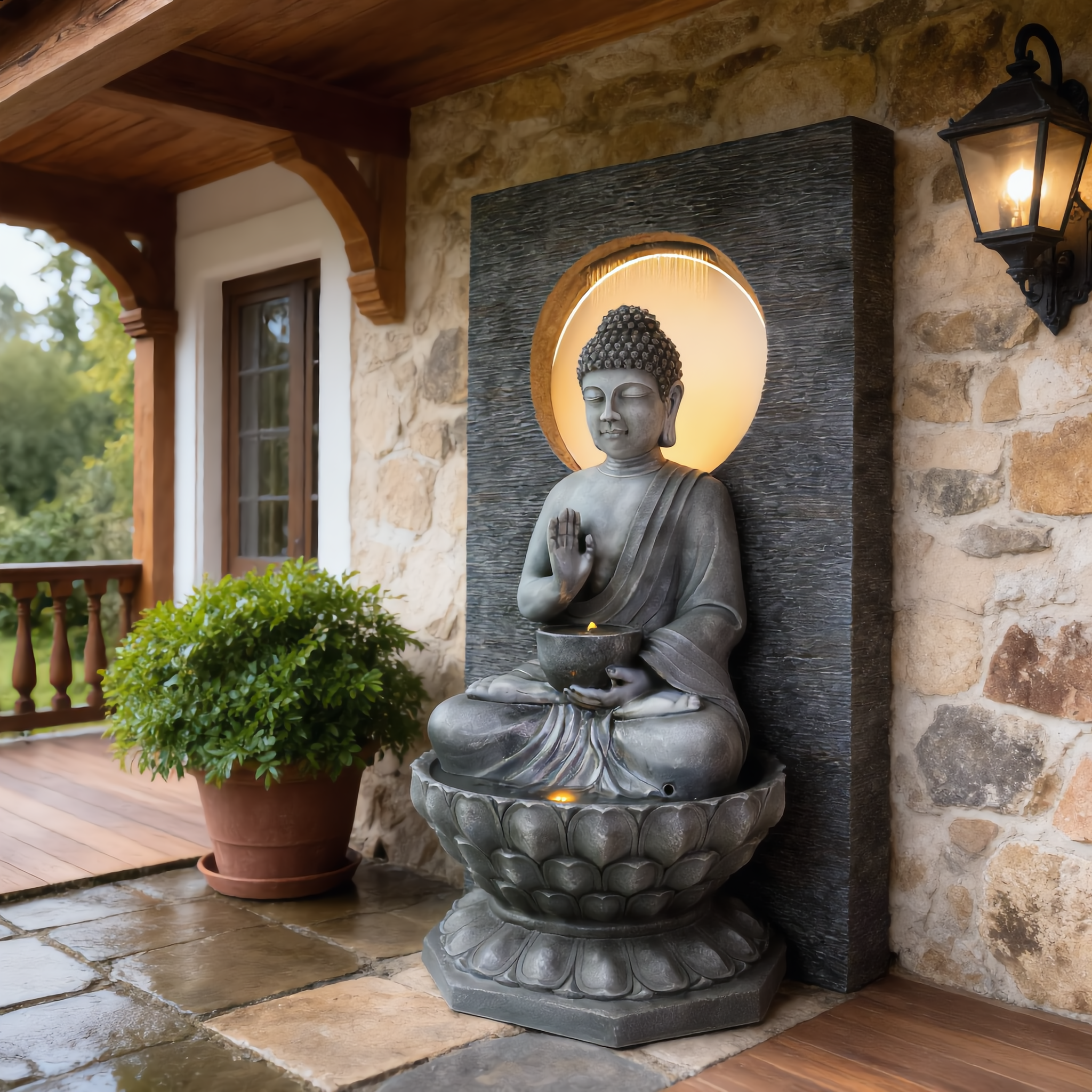 318 Indoor/outdoor Buddha Statue Wall Fountain with Halo and Lotus Base(LED), 157x67x84.5 cm