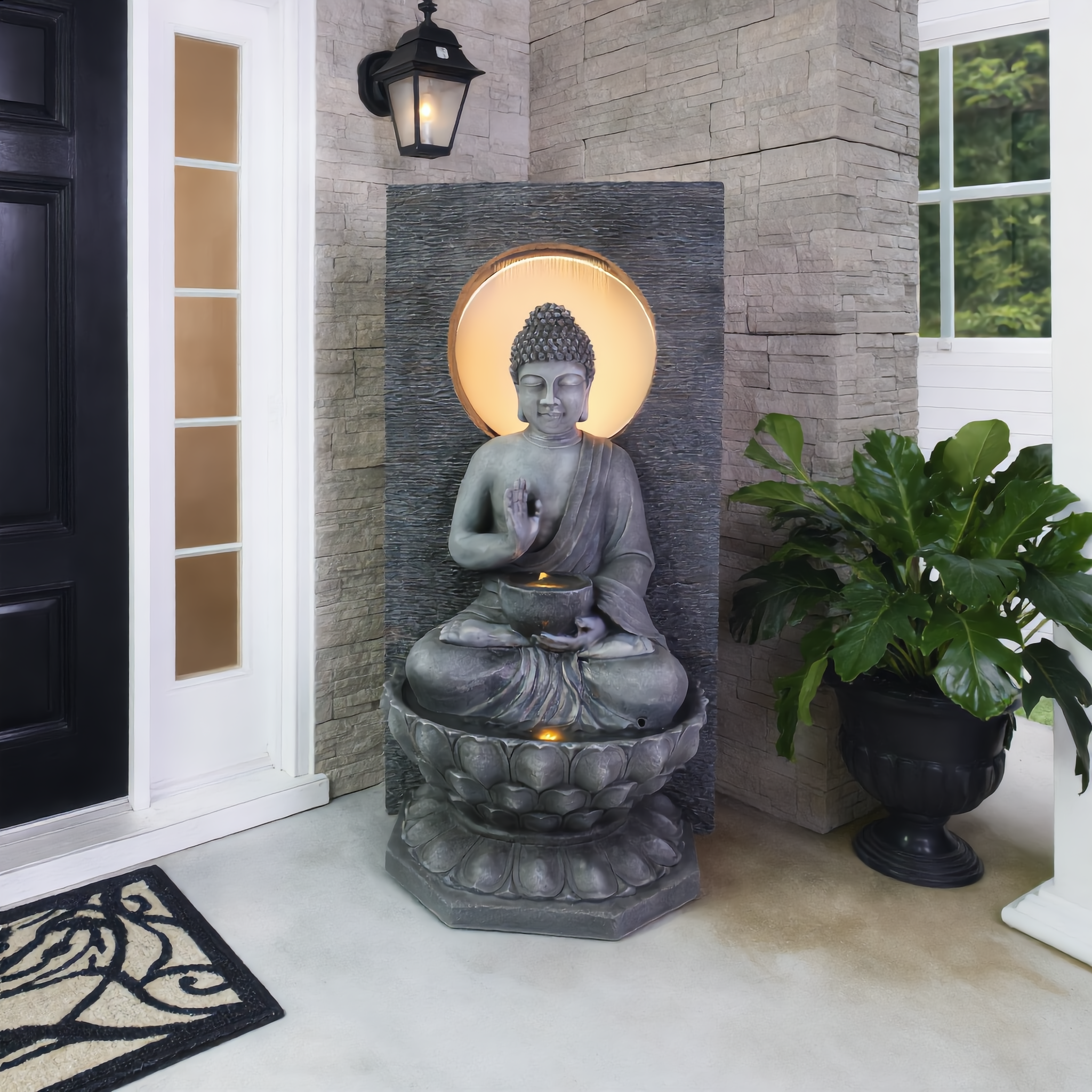 318 Indoor/outdoor Buddha Statue Wall Fountain with Halo and Lotus Base(LED), 157x67x84.5 cm