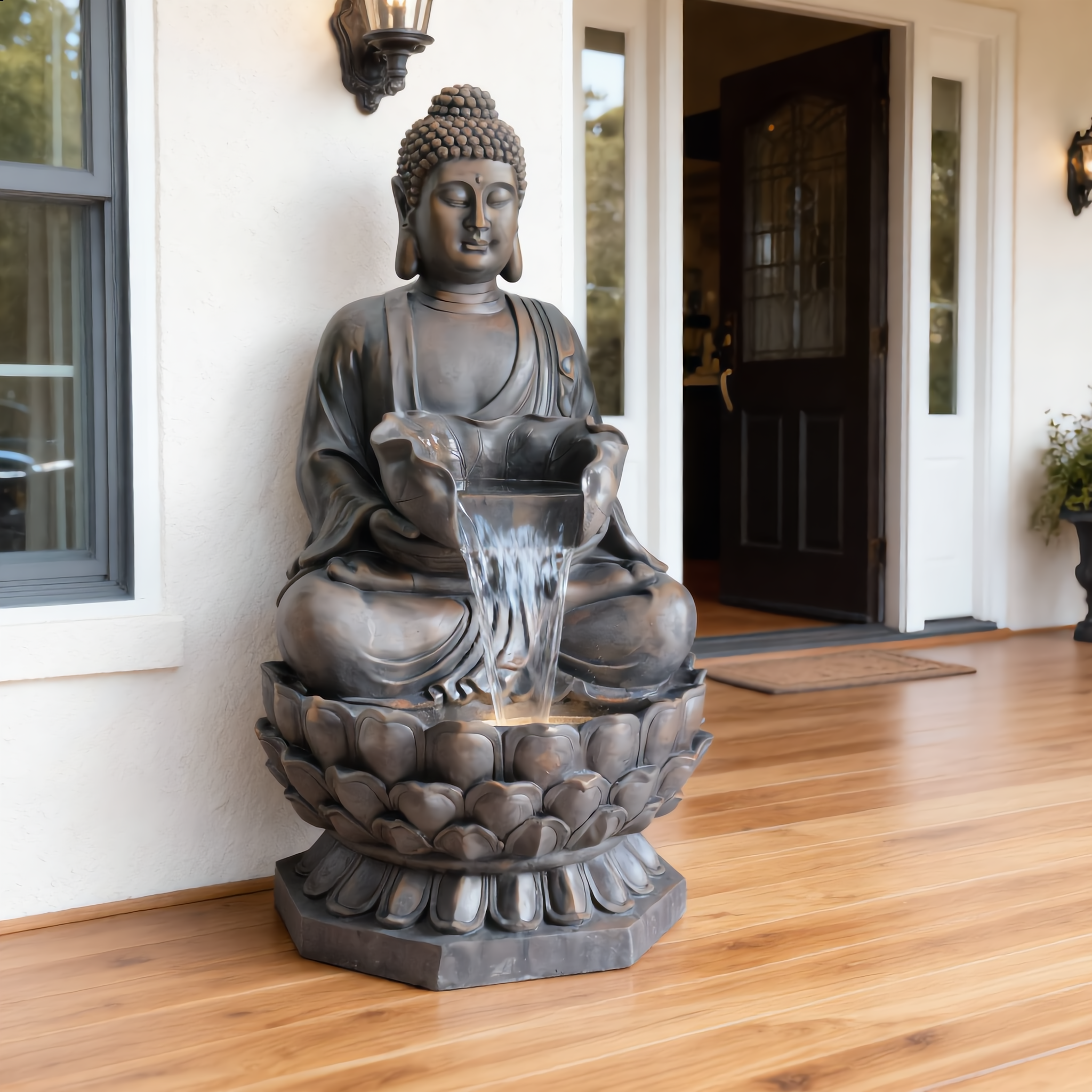 25073 Indoor/outdoor Buddha Statue Waterfall Fountain with Lotus Bowl, 66x61x118.5 cm