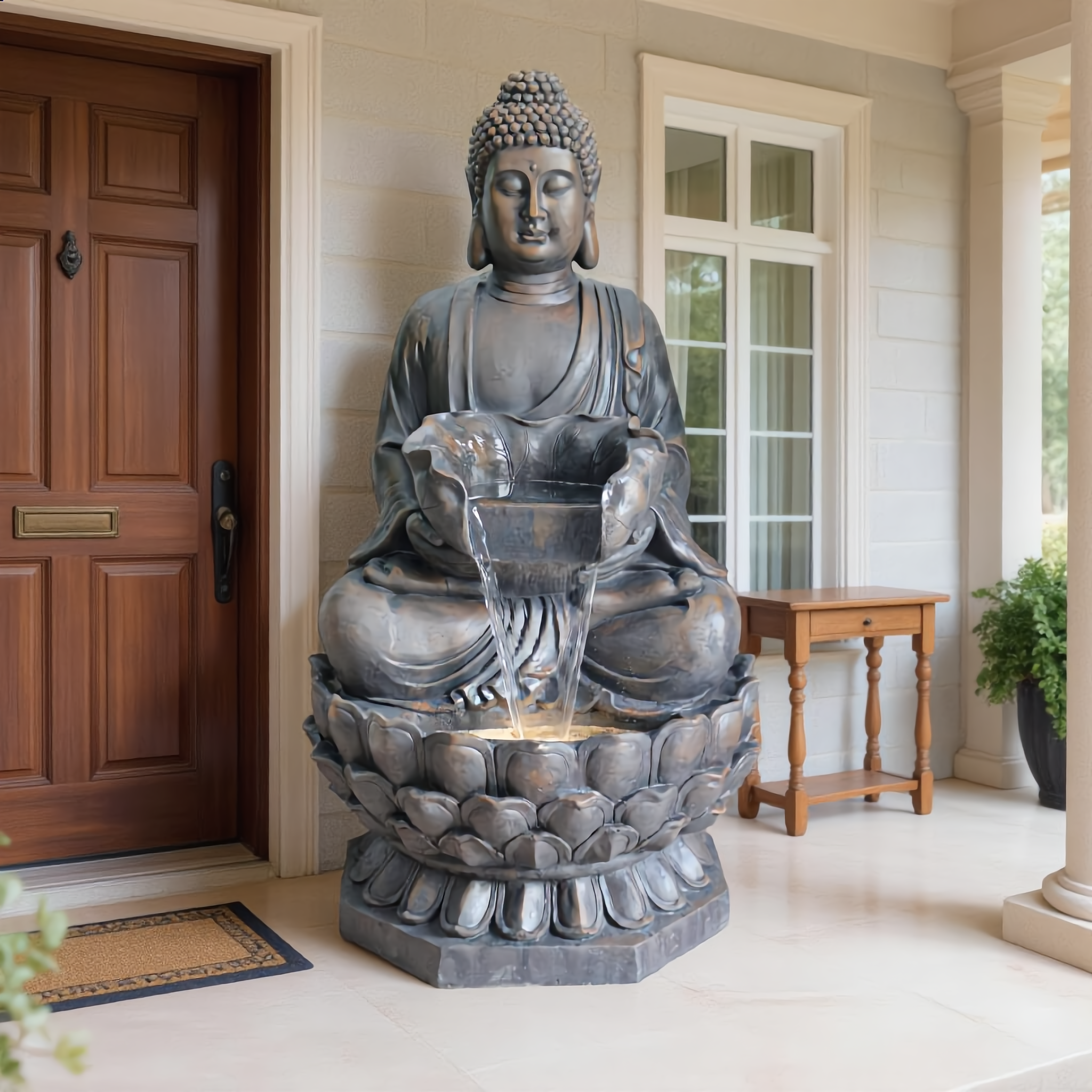 25073 Indoor/outdoor Buddha Statue Waterfall Fountain with Lotus Bowl, 66x61x118.5 cm