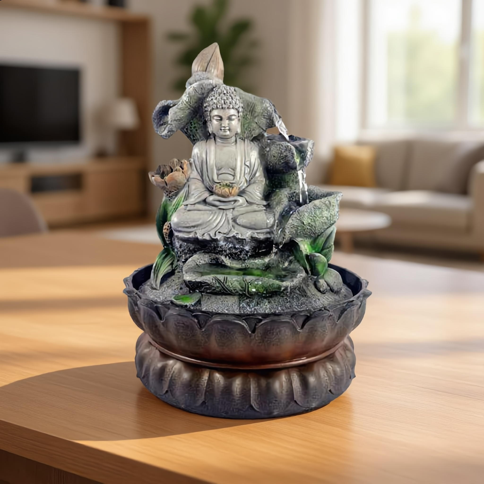Stone Buddha Tabletop Fountain – Lotus Zen Indoor Water Feature-18005