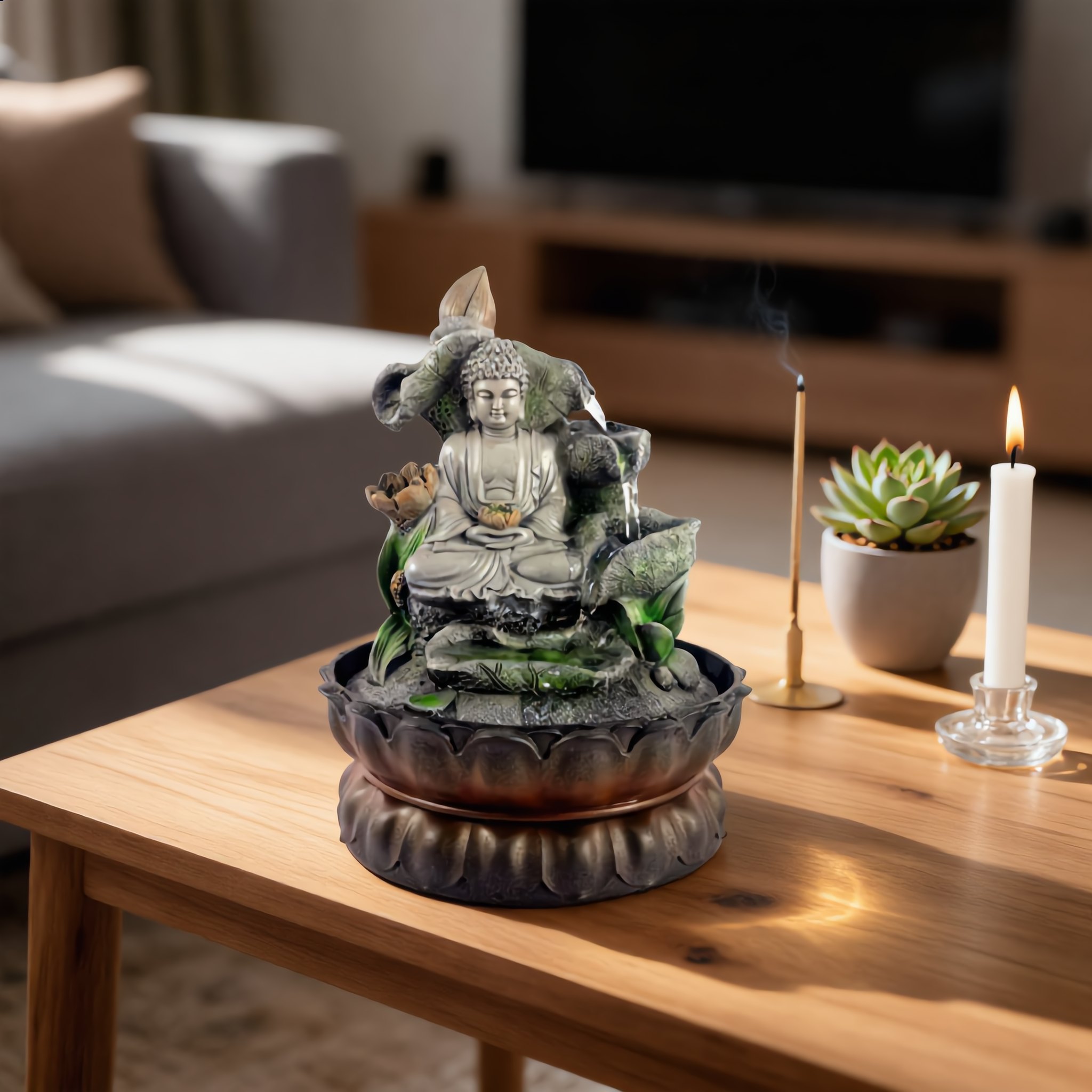 Stone Buddha Tabletop Fountain – Lotus Zen Indoor Water Feature-18005