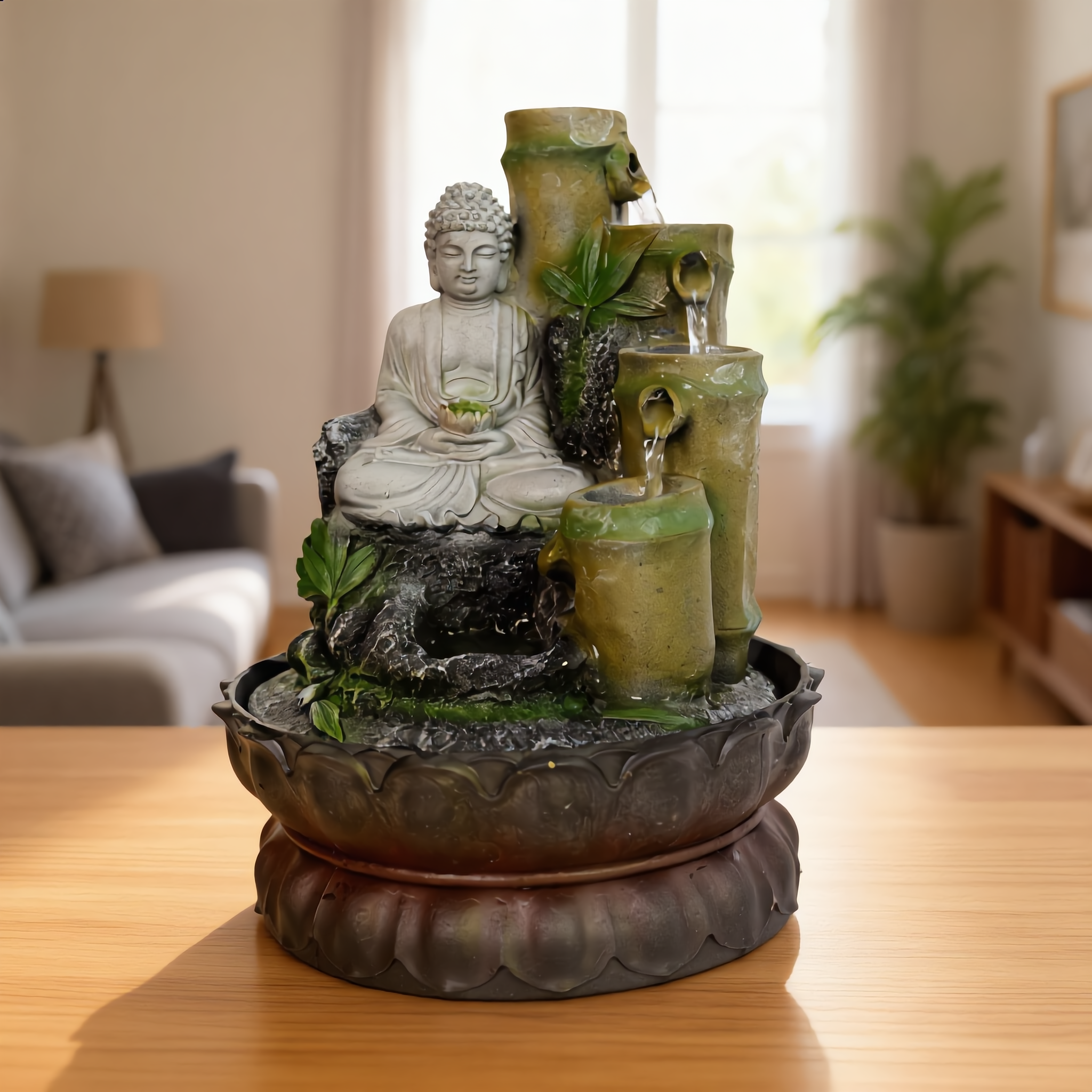 Mossy Rock Buddha Tabletop Fountain / Zen Indoor Water Feature-18006