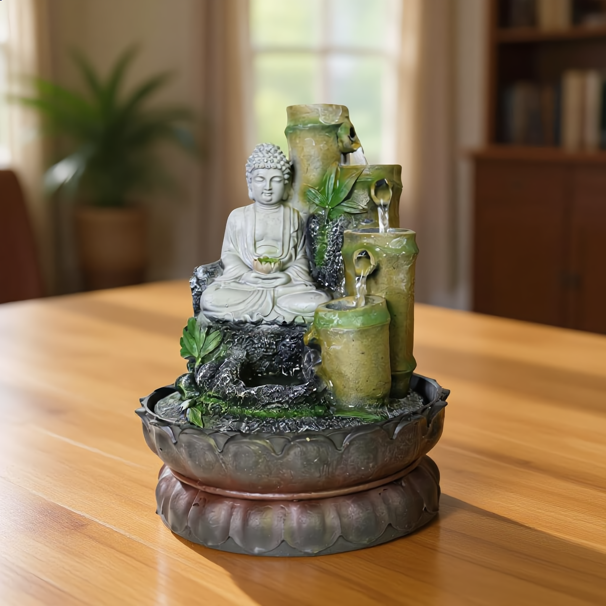 Mossy Rock Buddha Tabletop Fountain / Zen Indoor Water Feature-18006
