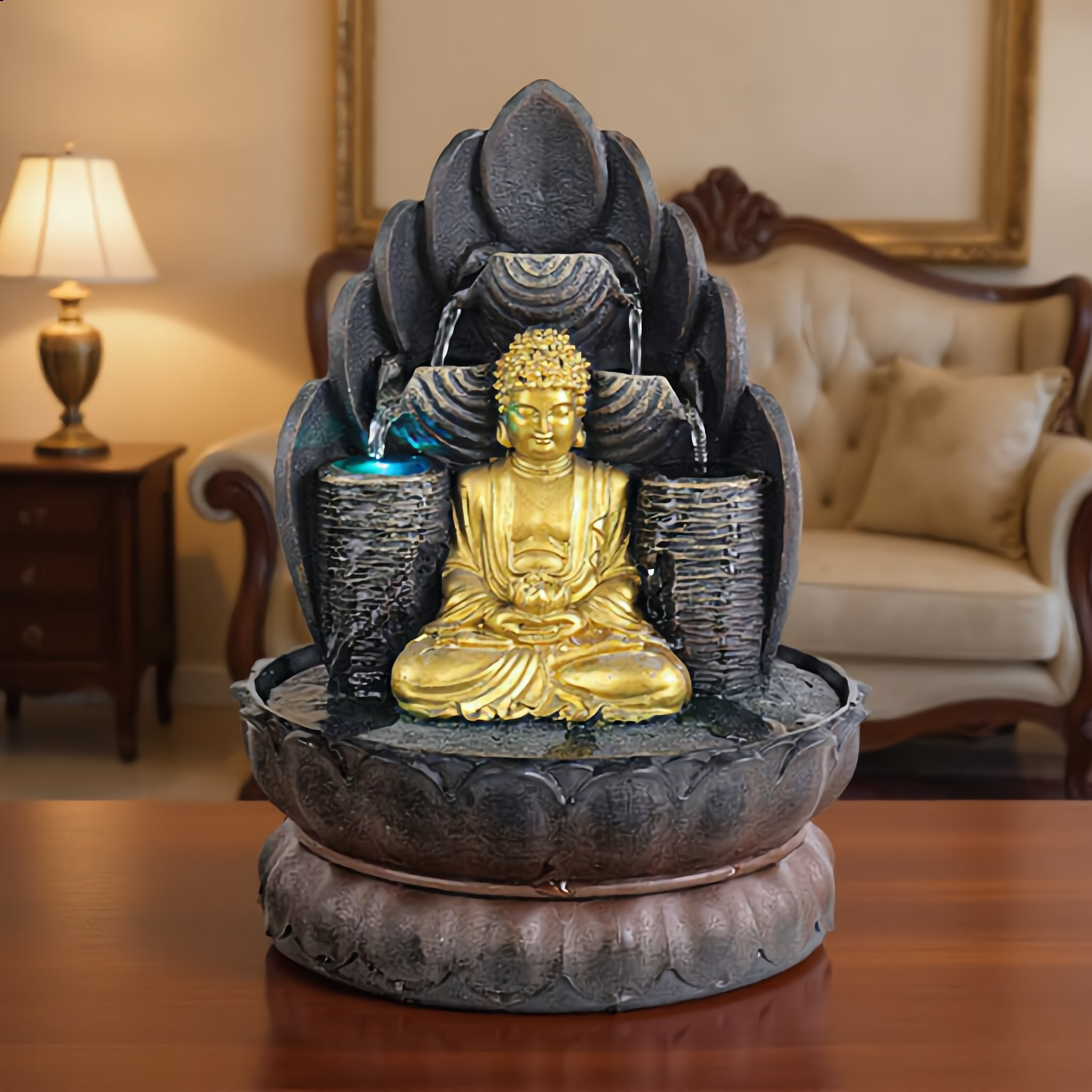 Golden Buddha Tabletop Water Fountain – Rock-Style Indoor Water Feature-2248