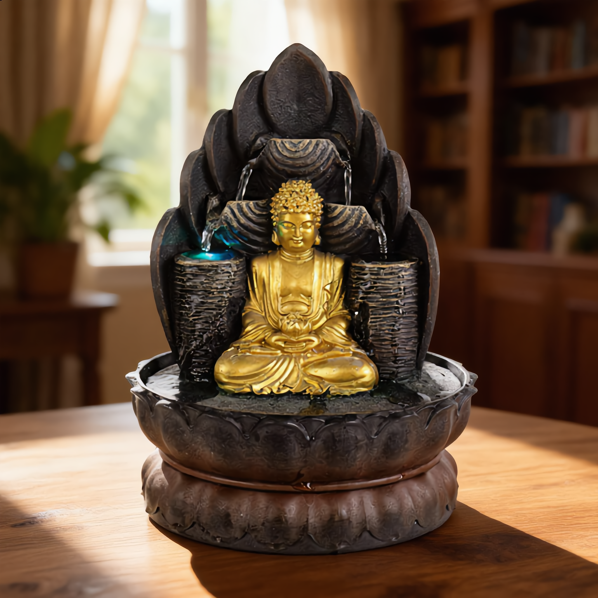Golden Buddha Tabletop Water Fountain – Rock-Style Indoor Water Feature-2248